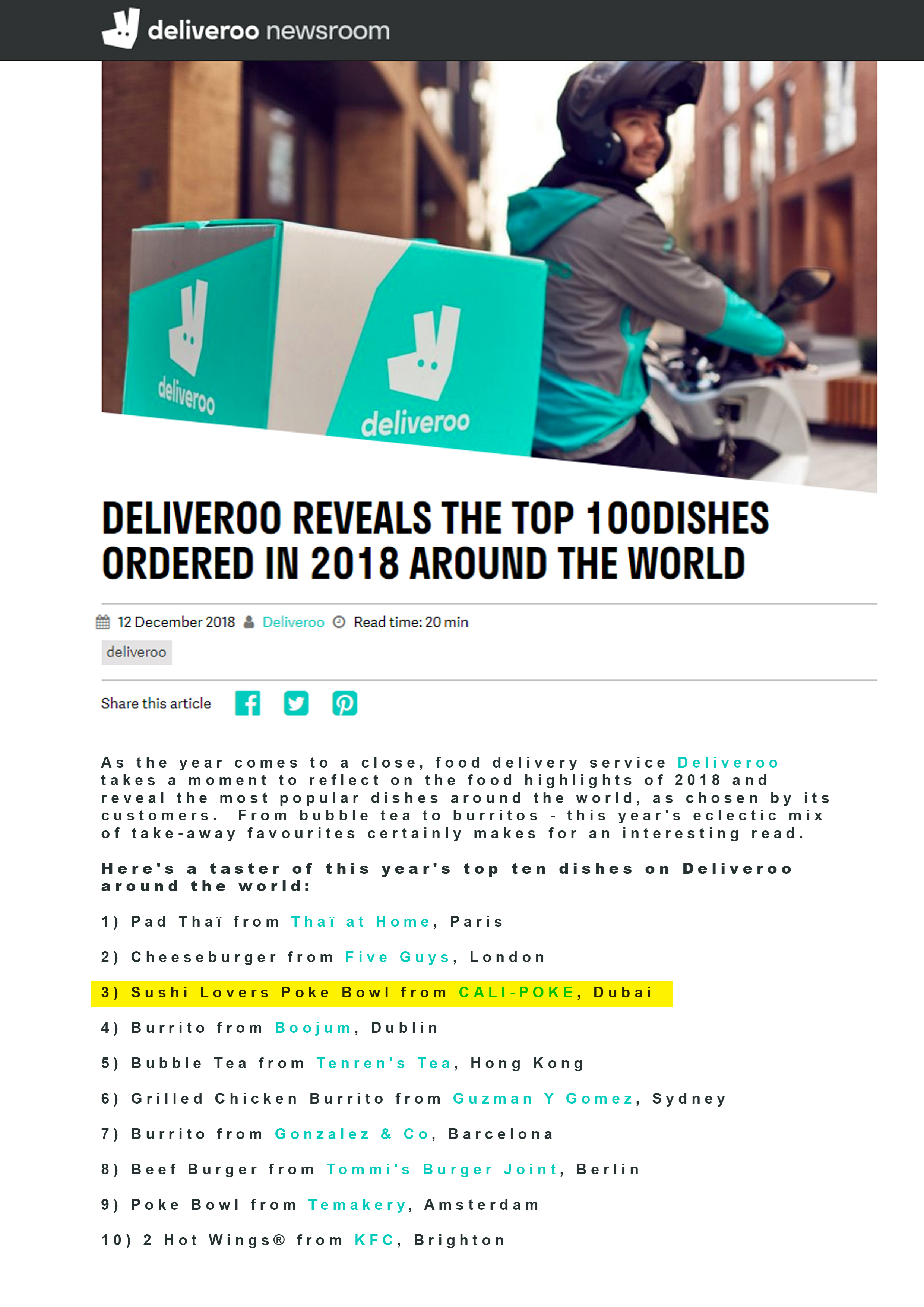 Deliveroo Newsroom: Top 100 dishes · 2018